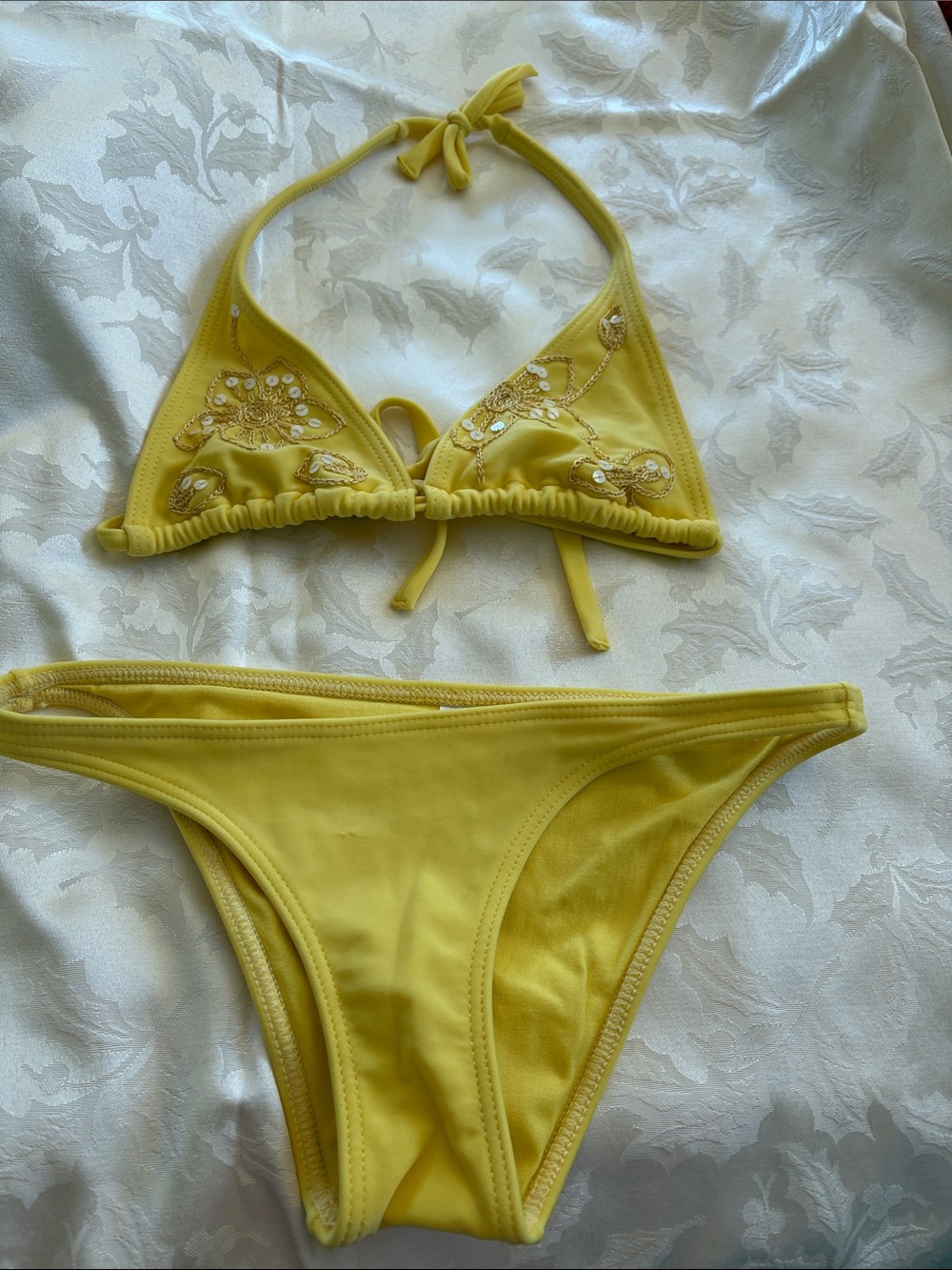 Yellow Embellished Triangle Bikini Set - Women